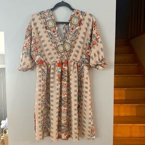 🌻 Boho Patterned Midi Dress with Cream and Orange Accents